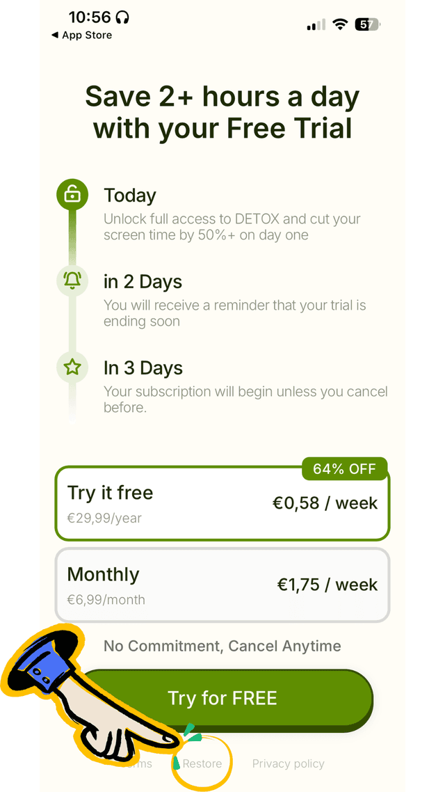Detox paywall with Restore button