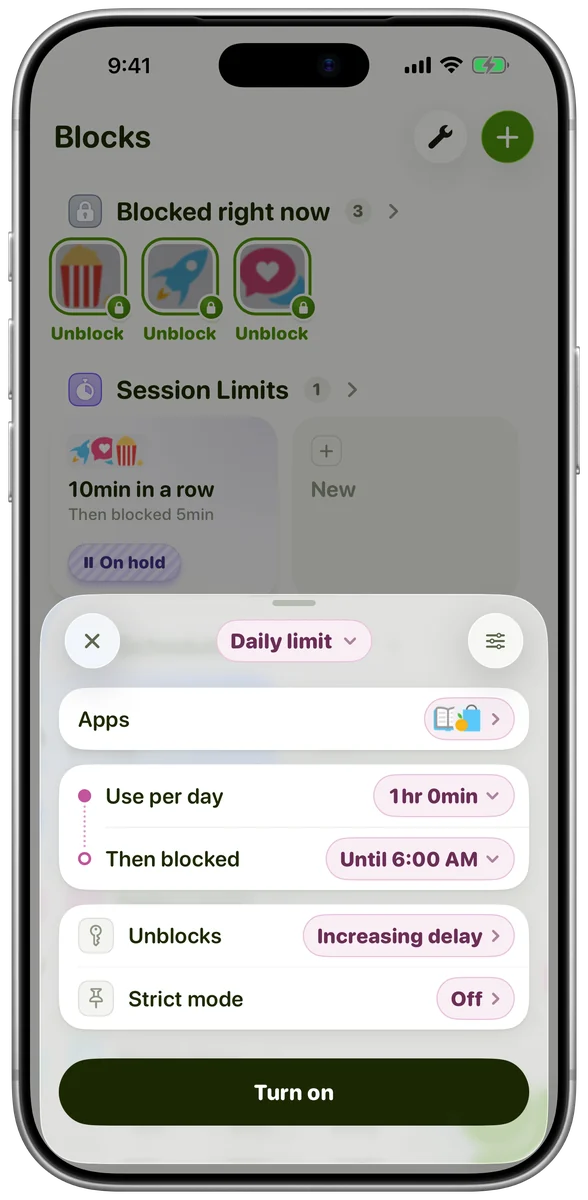 The Daily limit editor in the Detox app: 1 hr a day, then blocked until 6:00 AM