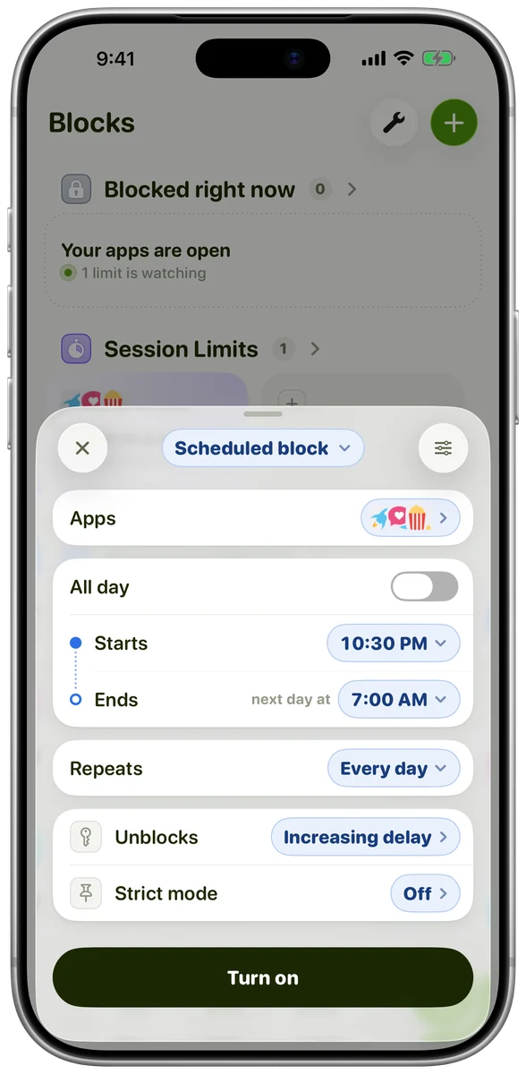 The Scheduled block editor in the Detox app: apps locked from 10:30 PM to 7:00 AM, every day