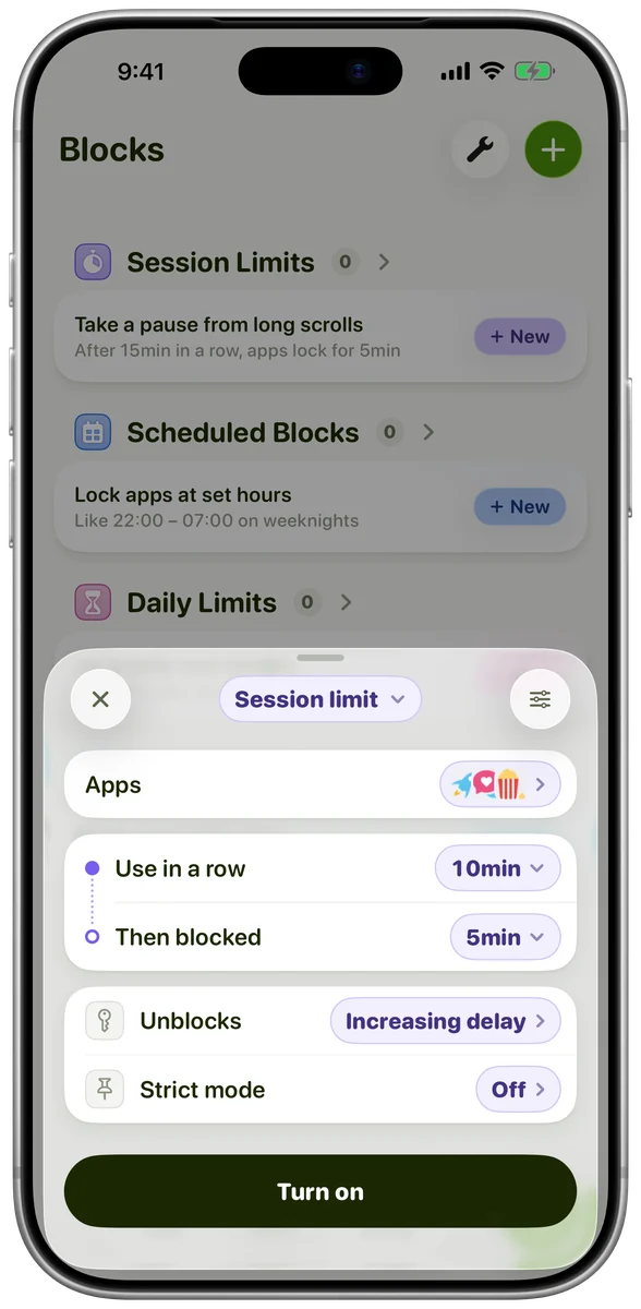 The Session limit editor in the Detox app: 10 min in a row, then blocked for 5 min