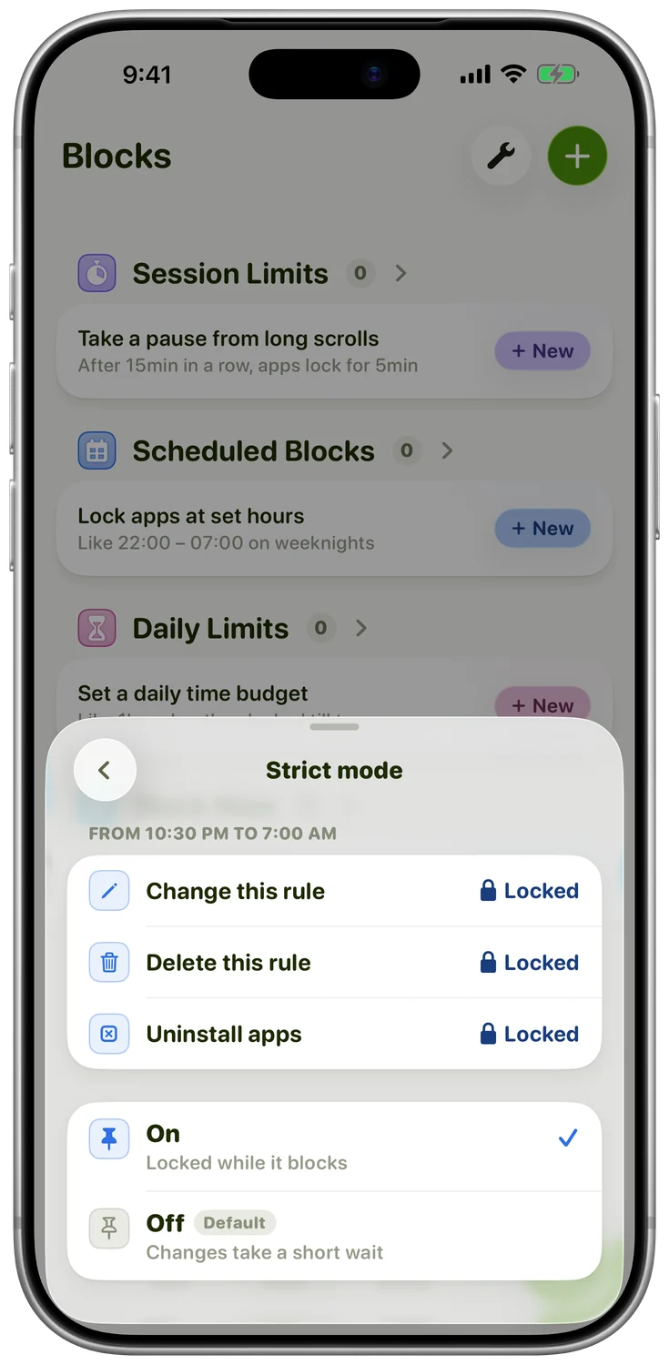 Strict mode in the Detox app: changing the rule, deleting it and uninstalling apps are all locked while the block runs
